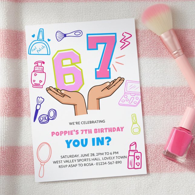 6 7 Meme Smink Doodle Art Flick Födelsedag Inbjudningar (Girls spa or beauty pamper party with 6 7 numbers in hands meme)