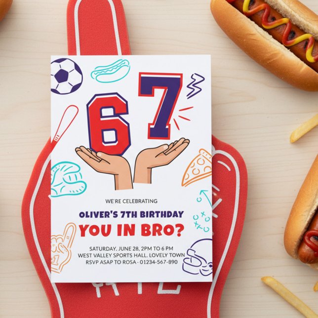 6 7 Meme Sport Red Blue Boy Birthday Invitation Inbjudningar (Red white and blue sport birthday invite with 6 7 numbers in hands meme.)