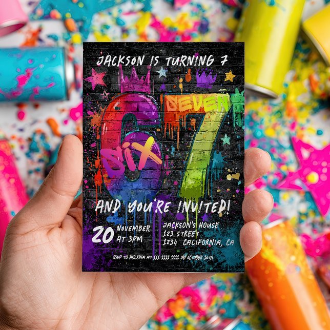 6 7 Meme Trend Six Seven Födelsedagsfest graffiti  Inbjudningar (6 7 Meme Trend Six Seven Birthday party graffiti Invitation)