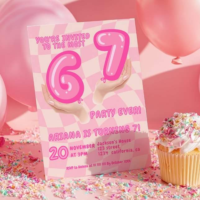 6 7 Meme Trend Six Seven Födelsedagsfest Retro Ros Inbjudningar (6 7 Meme Trend Six Seven Birthday party Retro Pink Invitation)