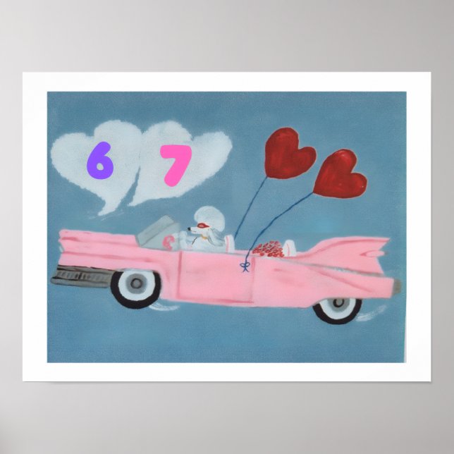 6 7 Poodle in Pink Classic Car flying in sky poste Poster (Framsidan)