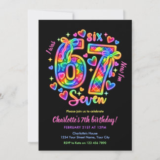 6 7 Six Seven Meme Neon Rainbow Glow Girl Birthday Inbjudningar