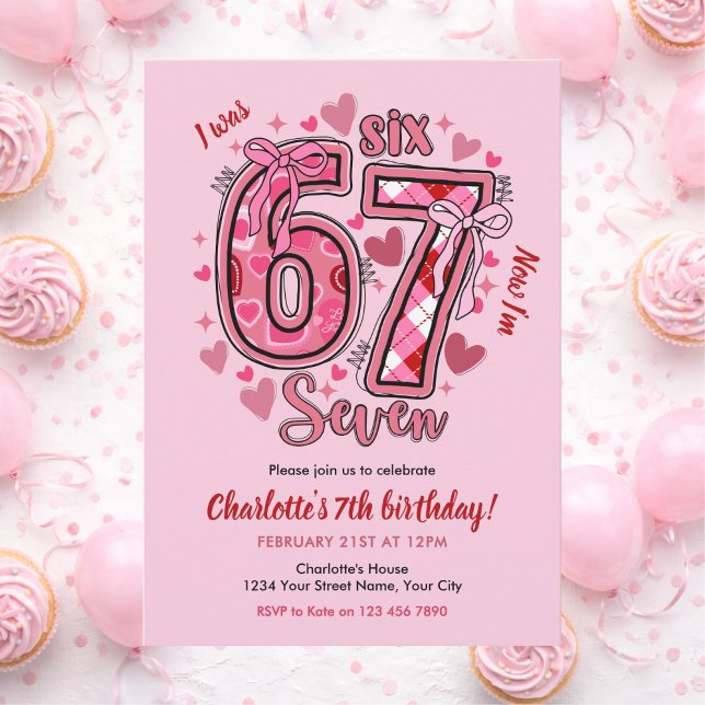 6 7 Six Seven Meme Trend Pink Girl 7th Birthday Inbjudningar (Skapare uppladdad)