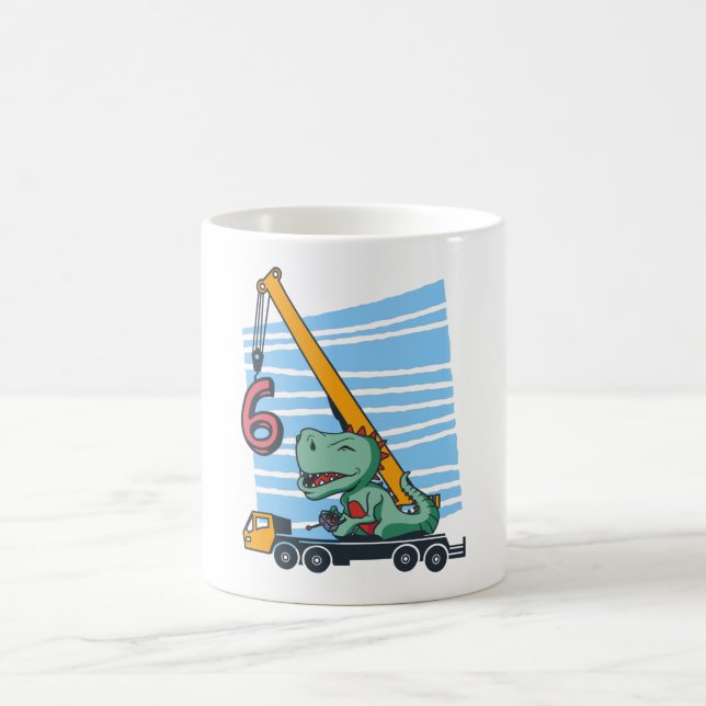 6 år 6e Birthday Mobile Crane Dinosaur Kaffemugg (Center)
