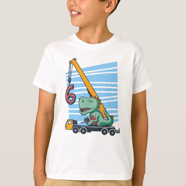 6 år 6e Birthday Mobile Crane Dinosaur T Shirt (Framsida)
