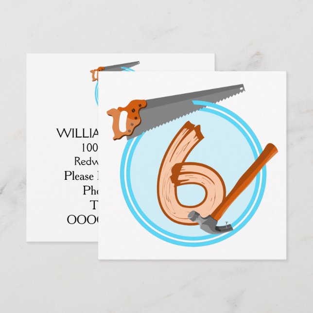 6-årig pojkväsbyggare verktyg-födelsedagskalender inbjudningar (Fram/baksida)