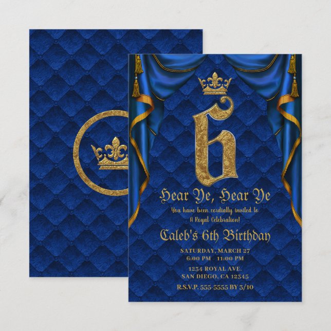 6-ÅRS 6 SIX Födelsedagsfest Royal Blå Guld Krona Inbjudningar (Fram/baksida)