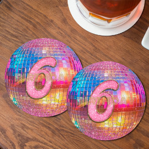 6-års födelsedag Guld Rosa Glitter Dansande Disco Underlägg Papper Rund