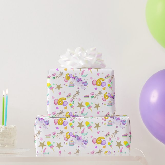 6-års födelsedags enhörningsmönster vitt presentpapper (Festgåvor)