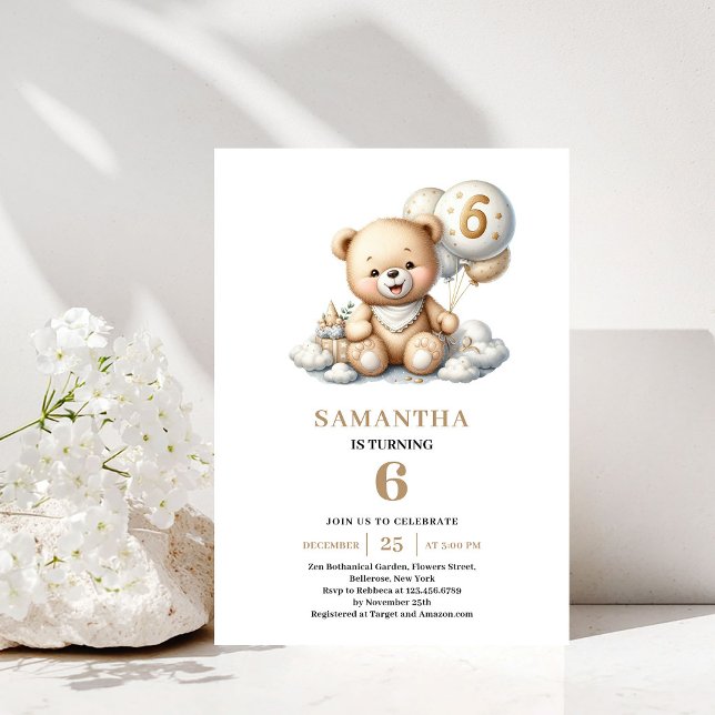 6-års födelsedags teddybjörn Guld ballong inbjudan (6th Birthday Teddy Bear Gold Balloon Invitation)
