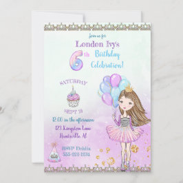 6-års födelsedags tjej prinsessa Cupcake Ballonger Inbjudningar
