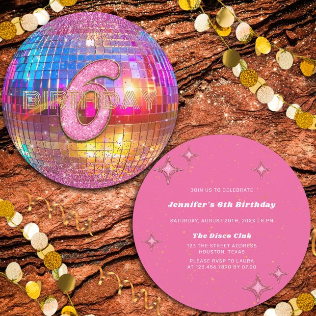 6-års födelsedagsfest Guld Rosa Glitter Diskoboll Inbjudningar (Skapare uppladdad)
