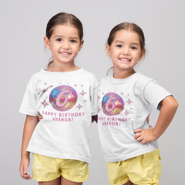 6-års födelsedagsfest Guld Rosa Glitter Diskoboll T Shirt (Skapare uppladdad)