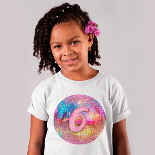 6-års födelsedagsfest Guld Rosa Glitter Diskoboll T Shirt
