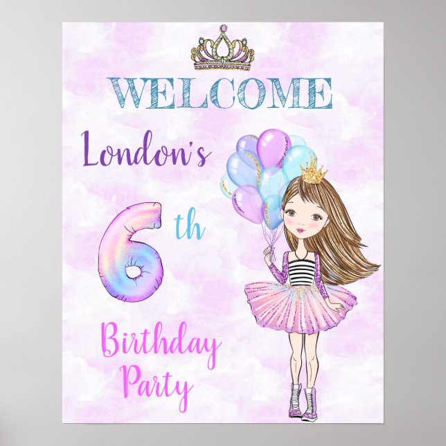 6-års födelsedagsflicka prinsessa Lavendel Turkos Poster (Framsidan)