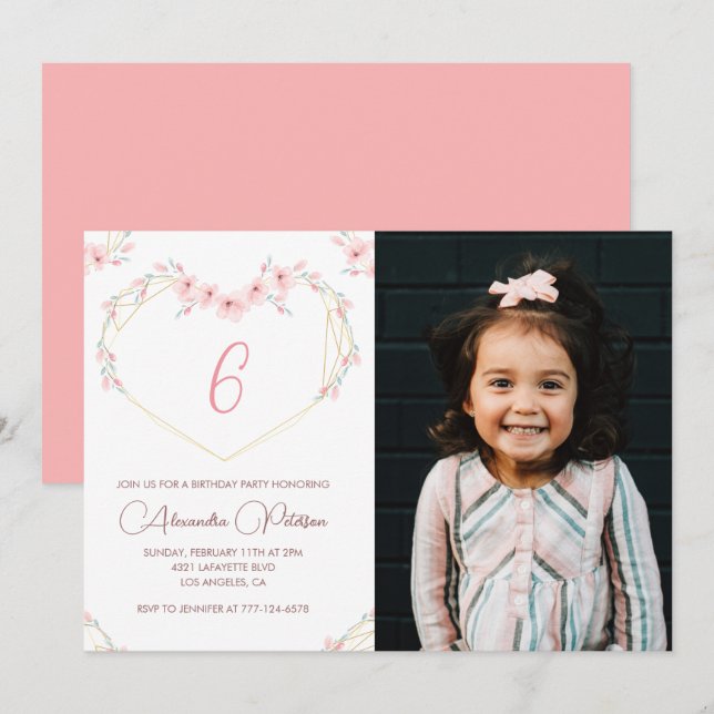 6-års födelsedagsinbjudan Boho Floral Foto Inbjudningar (Fram/baksida)