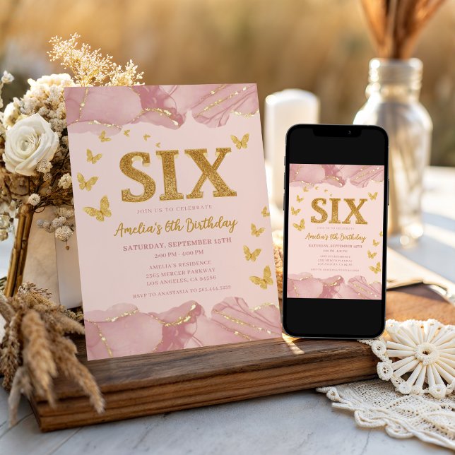 6-års födelsedagsinbjudan Rosa Guld Glitter Flicka Inbjudningar (Skapare uppladdad)