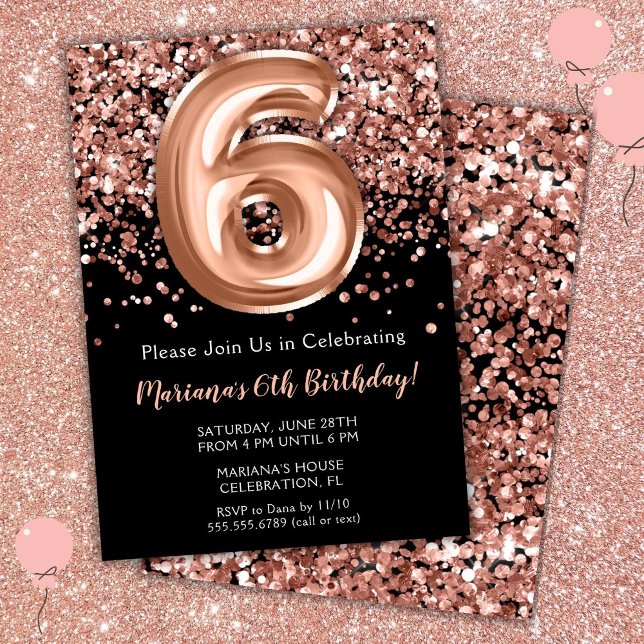 6-års födelsedagsinbjudan Svart Rosa Guld Glitter Inbjudningar (Skapare uppladdad)