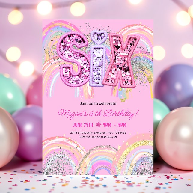 6-års födelsedagsregnbåge inbjudan (Rainbow Pastel Sequin 6th Birthday Pink Invitation)