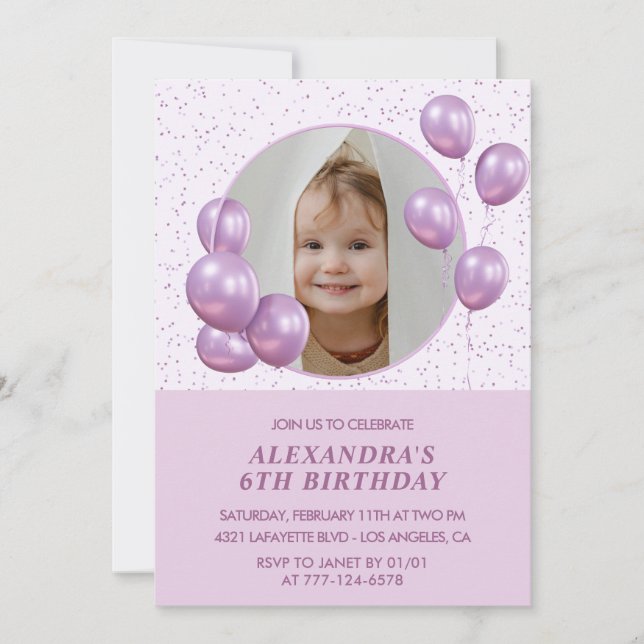 6-års inbjudan Ballonger Foto Lila (Framsida)