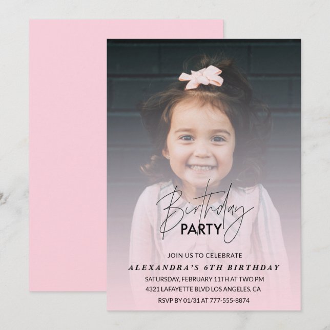 6-års inbjudan Födelsedagsfest Foto rosa (Fram/baksida)