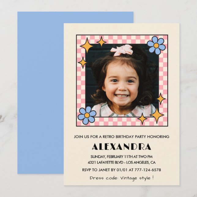 6-års inbjudan Retro Groovy Blå Blommig (Fram/baksida)