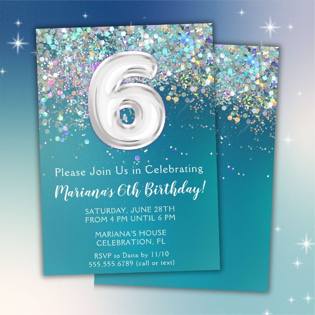 6-års inbjudan Teal Silver Glitter (Skapare uppladdad)