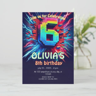 6-års pojke Pixel neon-inbjudan Inbjudningar
