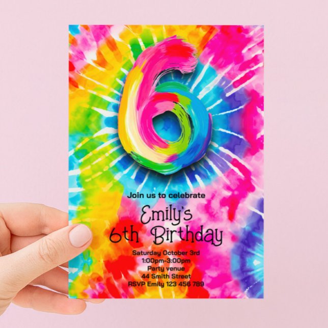 6-års Tie Dye-födelsedag Inbjudningar (Skapare uppladdad)