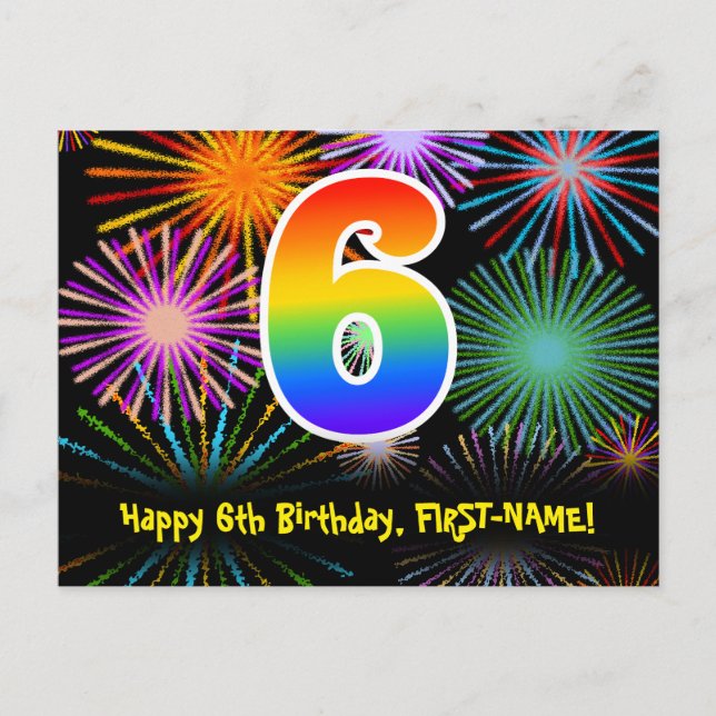 6-årsdag – Roligt fyrverkerimönster + Regnbåge 6 Vykort (Framsida)