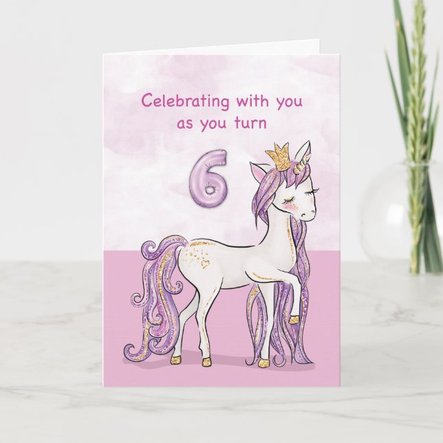 6-årsdag Rosa Häst Med Krona Kort (Framsida)