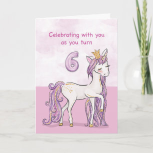 6-årsdag Rosa Häst Med Krona Kort