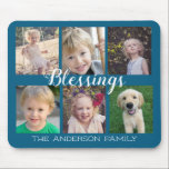 6 Blessskript för fotokollage Musmatta<br><div class="desc">Den här musknappen har en skarp design med 6 foto ramar för bilder i din familj. Trendigets handskrivna stil-kalligrafi lyder: "Blessings". Anpassa den blå musknappen till din familj namn.</div>