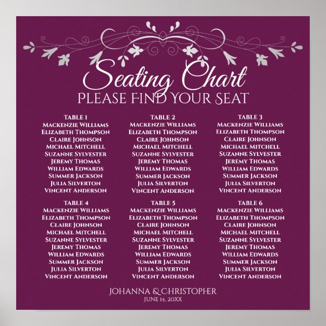 6 Bord Chic, sätesdiagram för Silver & Cassis Bröl Poster (Framsidan)