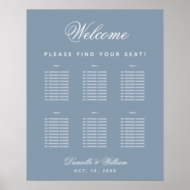 6 Bord Dusty Blue Simple Bröllop Seite Chart Poster (Framsidan)