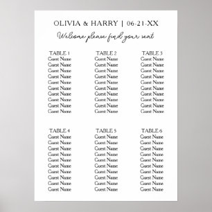 6 BORD Elegant Modern sittplatsplan för Bröllop Poster
