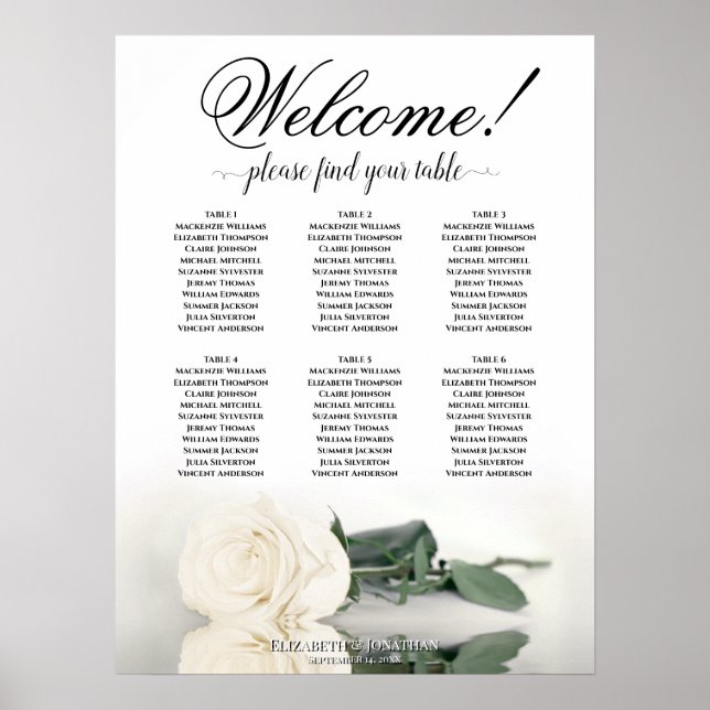 6 Bord Elegant Vit Ros Bröllopsplatskarta Poster (Framsidan)