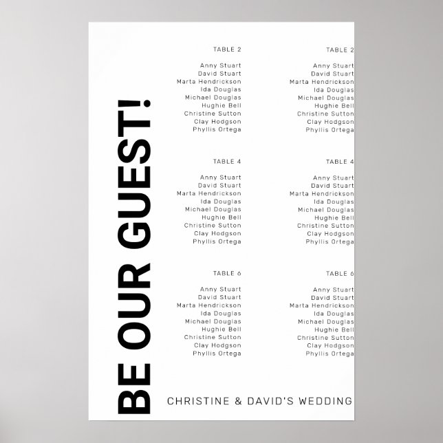 6 bord Enkel Vit Bröllops sittplatskarta Poster (Framsidan)