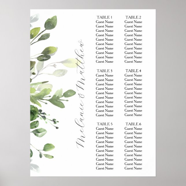6 Bord Eucalyptus Greenery Bröllop-sätesdiagram Poster (Framsidan)