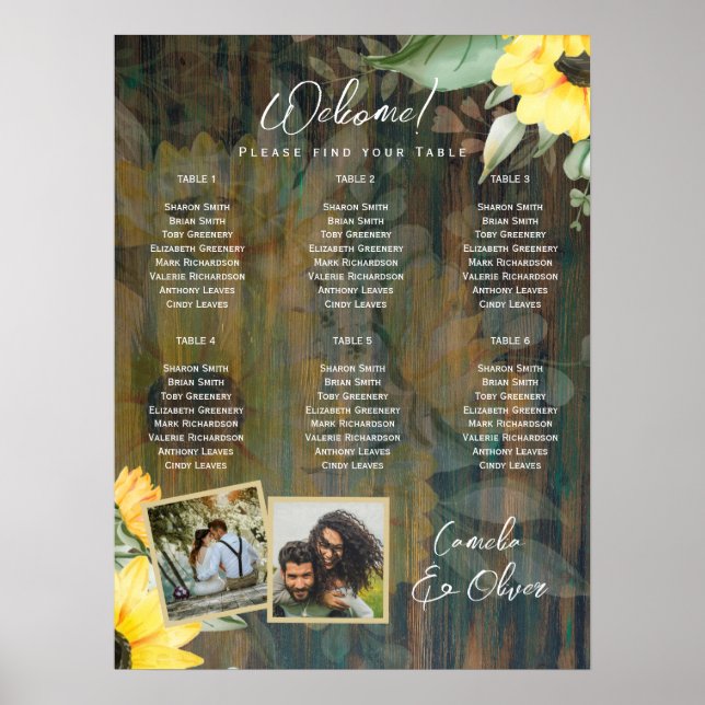 6 Bord Rustic Wood SUNFLOWERS FOTO SEATTE Poster (Framsidan)