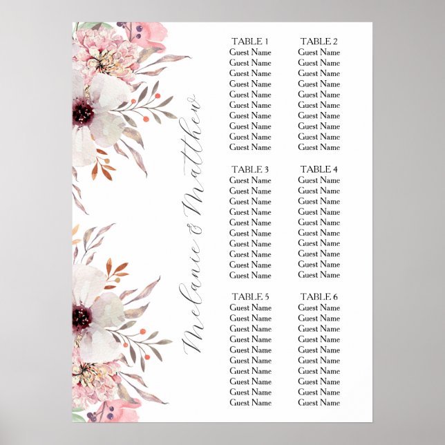 6 BORD | Sätesdiagram för Rustic Boho Blommigt Brö Poster (Framsidan)