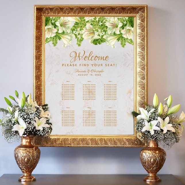6 Bord Sittdiagram Marble Bröllop White Lilies Poster (Skapare uppladdad)
