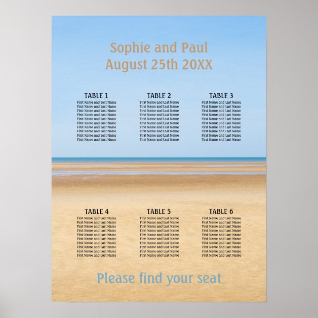 6 Bord Strand Bröllop Placeringsplan Poster (Framsidan)
