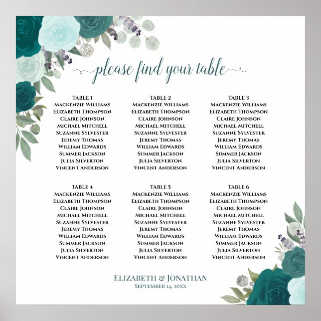 6 Bord Turkos Rosor Boho Bröllopsplatskarta Poster (Framsidan)