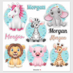 6 Cute Baby djur, Colorful Art, 4 Namn Klistermärken