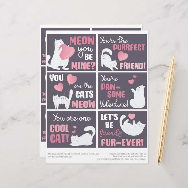 6 Cute Cat Kids Classroom Valentines day Brevhuvud (Fram/Back In Situ)