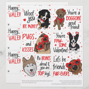 6 Cute Hundar Kids Classroom Valentines day-kort Brevhuvud