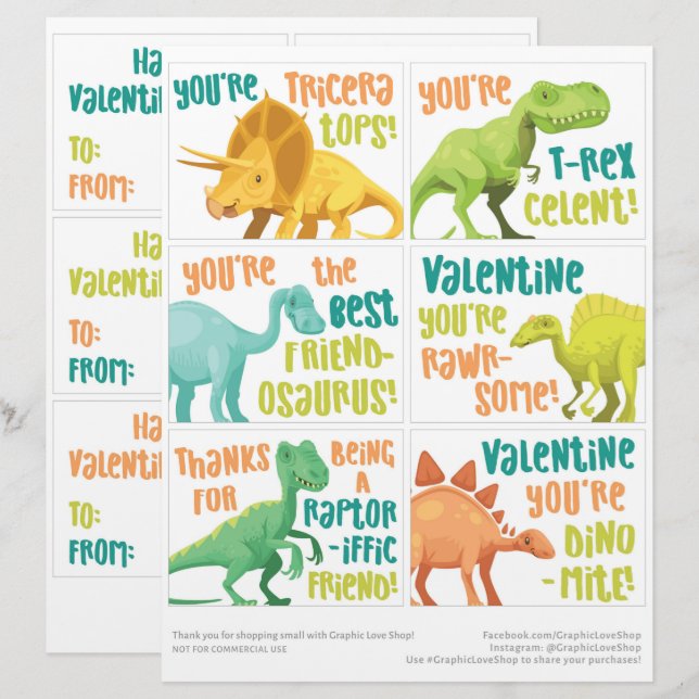 6 Dinosaur Kids Classroom Valentines day-kort Brevhuvud (Fram/baksida)