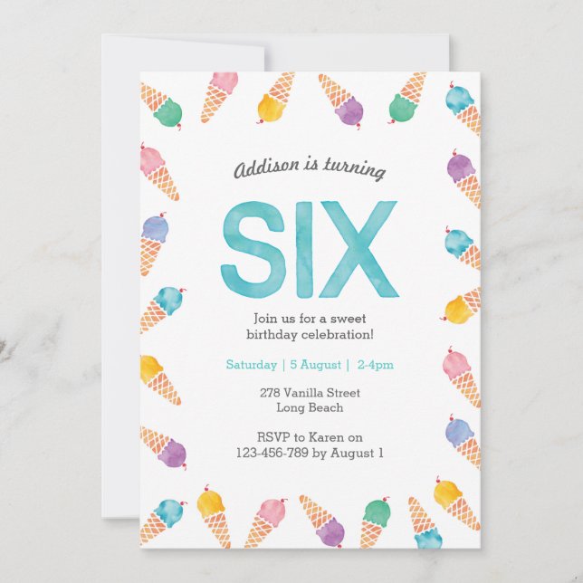 6:e födelsedagsfest | Regnbågsglass-inbjudan Inbjudningar (Framsida)