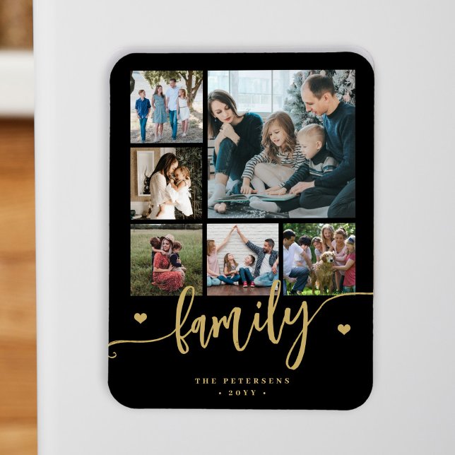6 familjefoto collage svart guld manus  magnet (Skapare uppladdad)